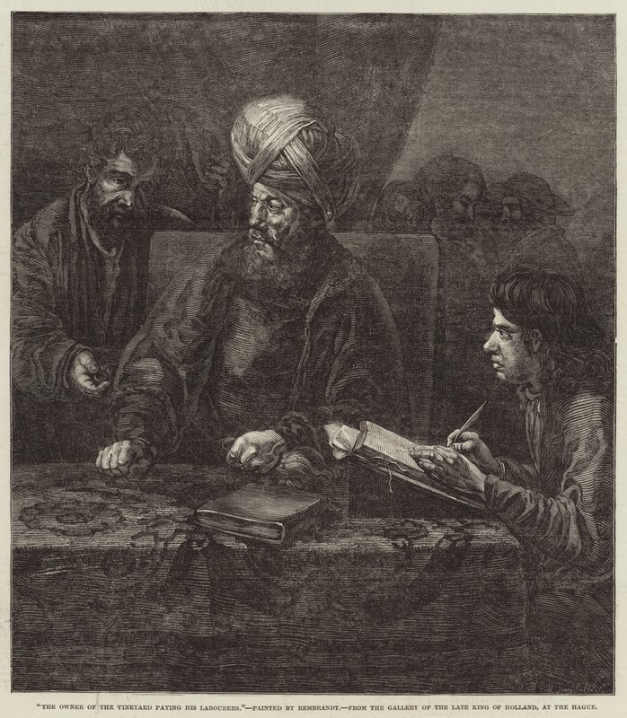 De Eigenaar van de Wijngaard die zijn Arbeiders Betaalt door Rembrandt van Rijn