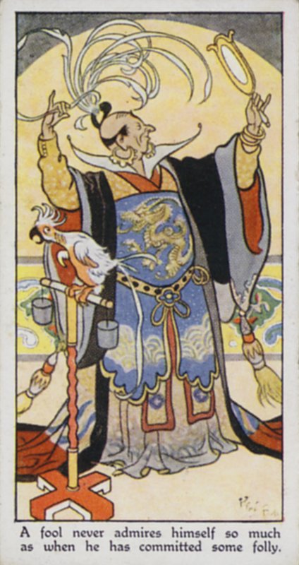 Oosters Spreekwoord: Een dwaas bewondert zichzelf nooit zo veel als wanneer hij een dwaasheid heeft begaan (kleur litho) door René Bull