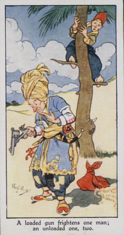 Oosters Spreekwoord: Een geladen geweer maakt één man bang; een ongeladen geweer, twee (kleur litho) door René Bull