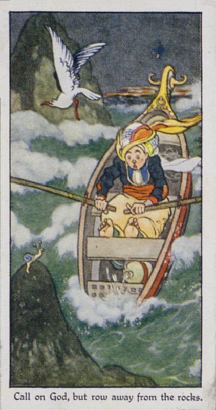 Oosters spreekwoord: Roep God aan, maar roei weg van de rotsen (kleur litho) door René Bull
