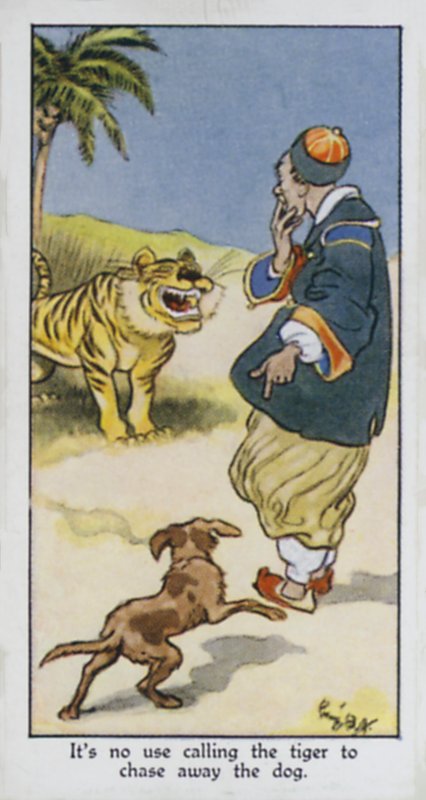 Het heeft geen zin om de tijger te roepen om de hond weg te jagen (kleur litho) door René Bull