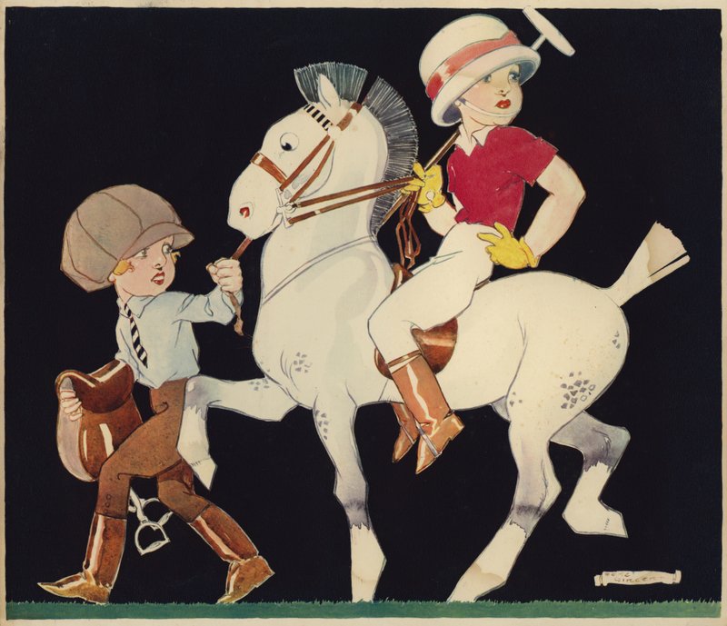 Jongen op polopony, geleid door stalmeisje door Rene Vincent