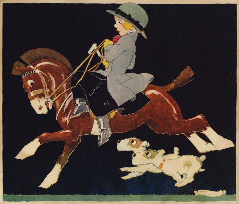 Meisje dat op een snelle pony rijdt, met honden die volgen door Rene Vincent