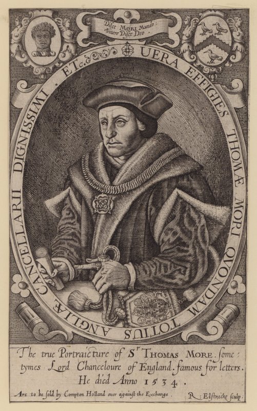 Sir Thomas More, Engelse advocaat, staatsman, filosoof en humanist (gravure) door Renold (after) Elstrack