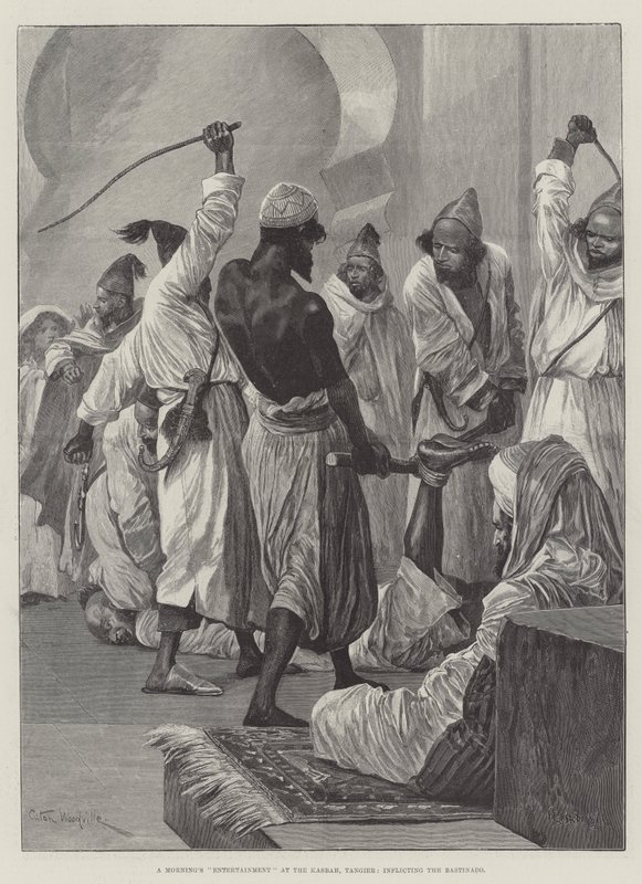 Een ochtendvermaak in de Kasbah, Tanger, het toedienen van de bastinado door Richard Caton Woodville junior