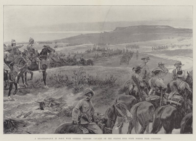 Een verkenning in kracht met de cavalerie van generaal French aan de grens van de Oranje Vrijstaat bij Colesberg door Richard Caton Woodville junior