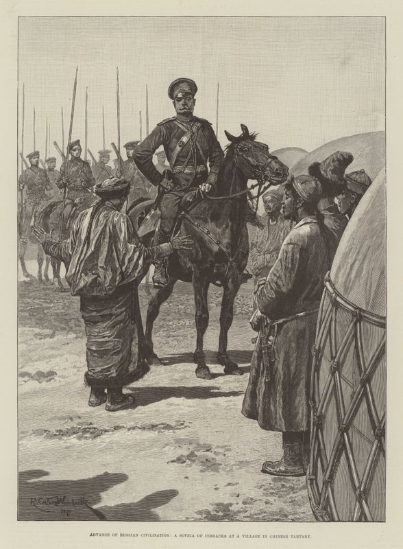 Vooruitgang van de Russische beschaving, een Sotnia van Kozakken in een dorp in Chinees Tartary door Richard Caton Woodville junior