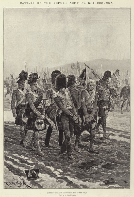Slagen van het Britse leger, Corunna, het dragen van Sir John Moore van het slagveld door Richard Caton Woodville junior