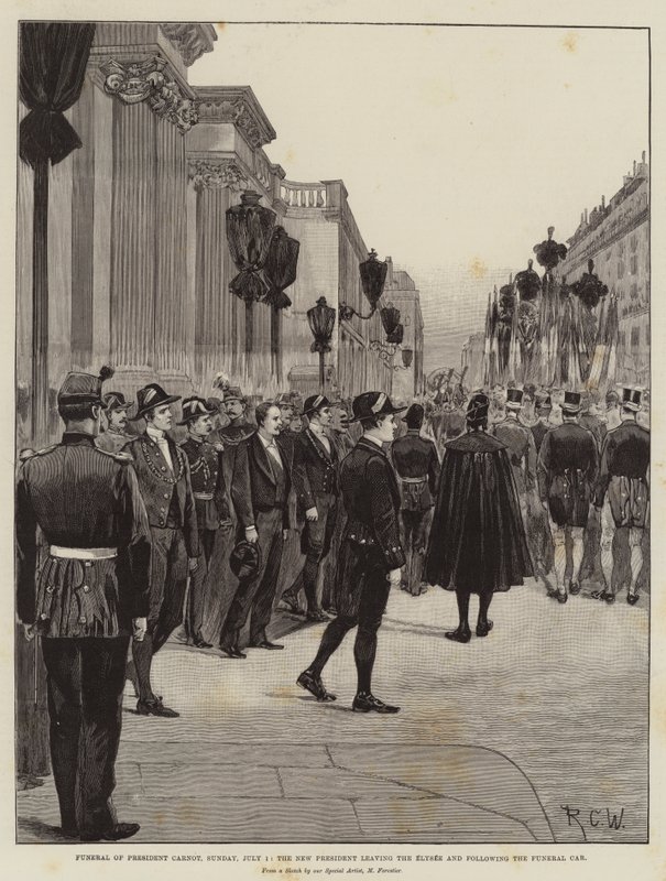 Begrafenis van President Carnot, zondag 1 juli, de Nieuwe President verlaat het Elysee en volgt de Begrafenisstoet door Richard Caton Woodville junior