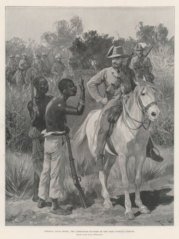 Generaal Louis Botha, de opperbevelhebber van de Boeren Guerrillatroepen door Richard Caton Woodville junior