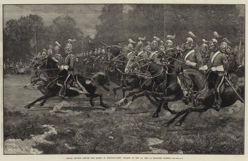 Grote review voor de koningin in Windsor Park, aanval van de 5e en 7e Dragoon Guards door Richard Caton Woodville junior