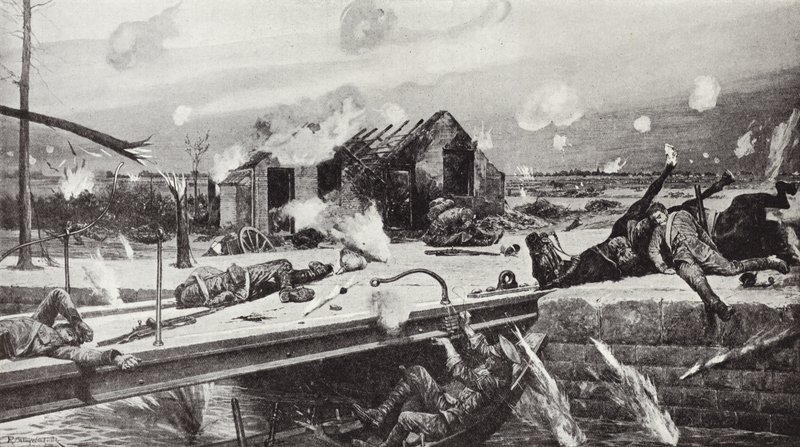 Lance-Corporal Charles Jarvis blaast de brug op bij Jemappes, België, 23 augustus 1914 door Richard Caton Woodville junior