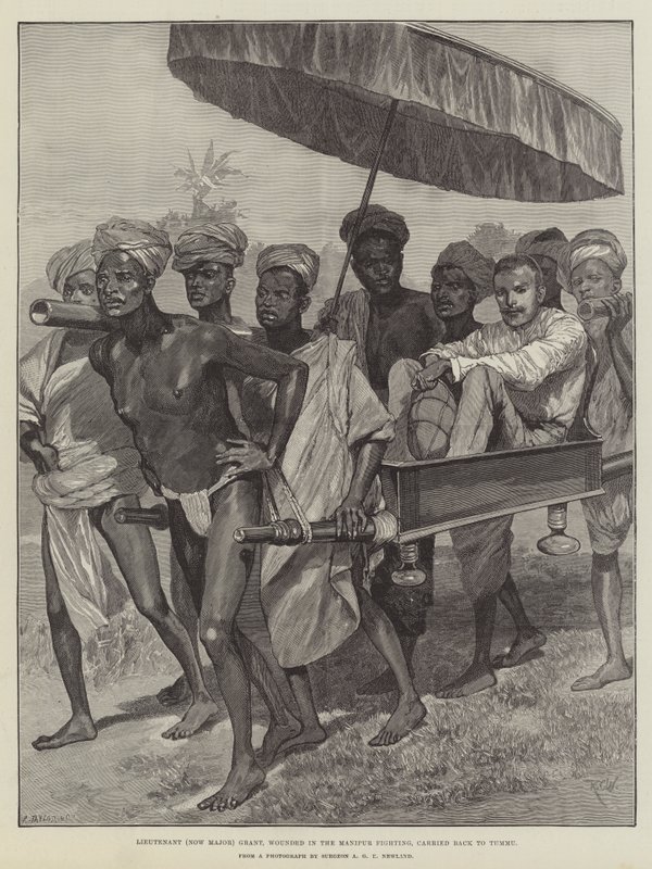 Luitenant (nu Majoor) Grant, gewond in de Manipur-gevechten, teruggedragen naar Tummu door Richard Caton Woodville junior