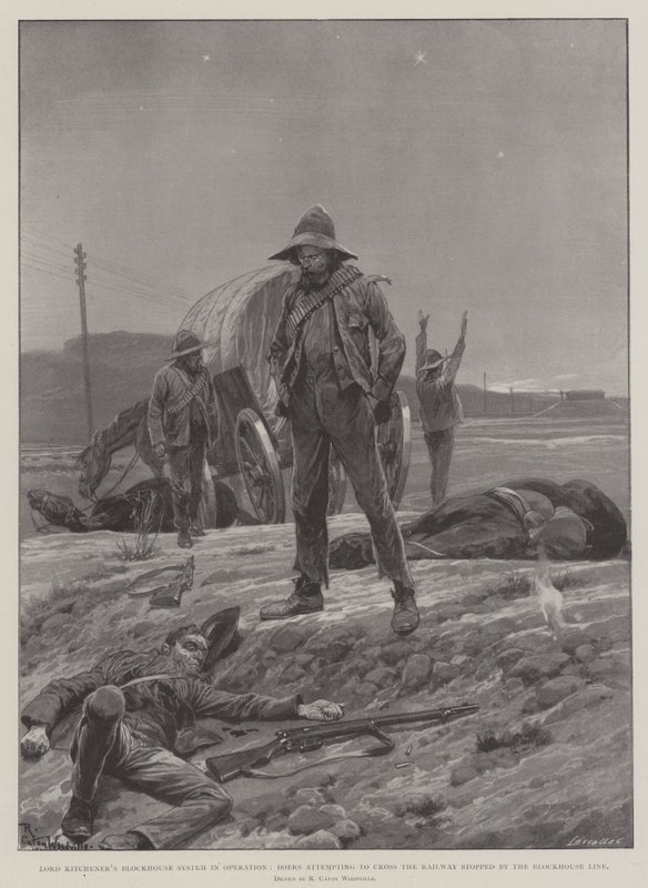 Het Blokhuissysteem van Lord Kitchener in Werking, Boeren proberen de Spoorweg over te steken gestopt door de Blokhuislijn door Richard Caton Woodville junior