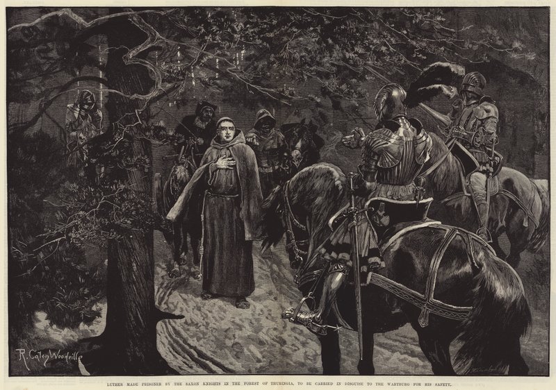 Luther gevangen genomen door de Saksische Ridders in het Woud van Thüringen, om in vermomming naar de Wartburg te worden gebracht voor zijn veiligheid door Richard Caton Woodville junior