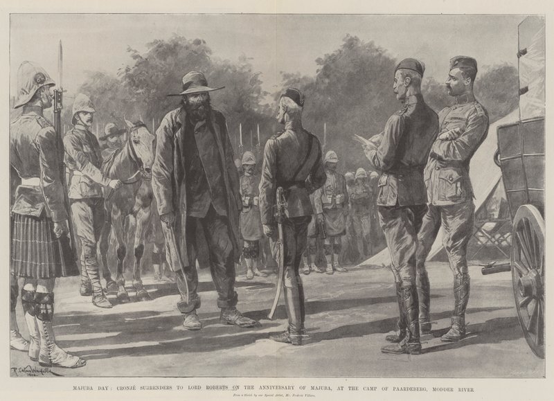 Majuba-dag, Cronje geeft zich over aan Lord Roberts op de verjaardag van Majuba, in het kamp van Paardeberg, Modderrivier door Richard Caton Woodville junior