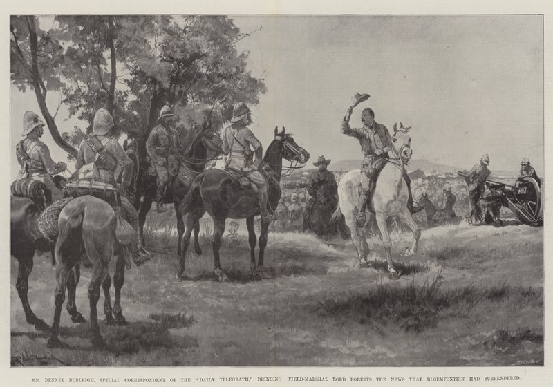 Mr Bennet Burleigh, speciale correspondent van de Daily Telegraph, brengt veldmaarschalk Lord Roberts het nieuws dat Bloemfontein zich heeft overgegeven door Richard Caton Woodville junior