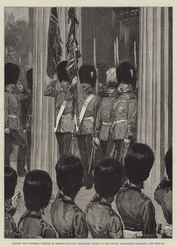 Het plaatsen van de Waterloo-kleuren van het Tweede Bataljon Grenadier Guards in de Kapel, Wellington Barracks door Richard Caton Woodville junior
