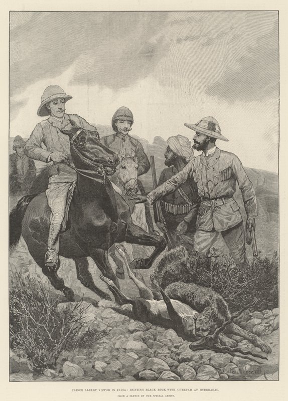 Prins Albert Victor in India, jacht op Zwarte Bok met Jachtluipaard in Hyderabad door Richard Caton Woodville junior