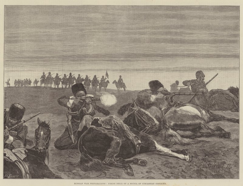Russische oorlogsvoorbereidingen, schietoefening van een Sotnia van Circassische Kozakken door Richard Caton Woodville junior