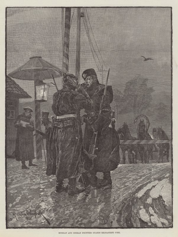 Russische en Duitse grenswachten wisselen vuur uit door Richard Caton Woodville junior