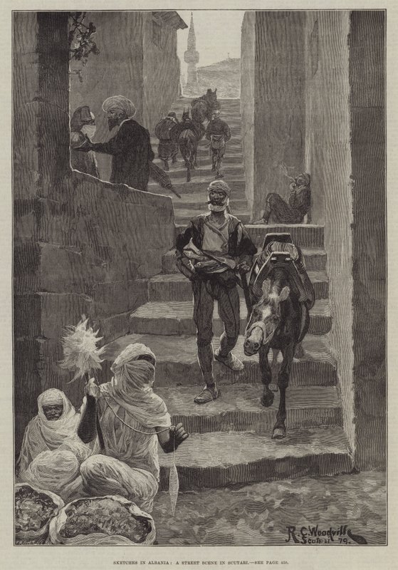 Schetsen in Albanië, een straattafereel in Scutari door Richard Caton Woodville junior