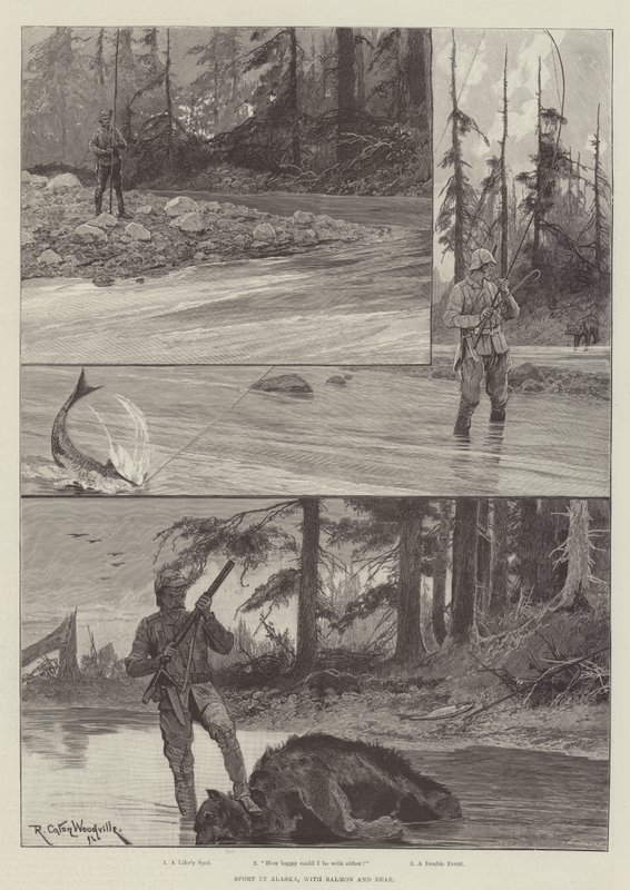 Sport in Alaska, met Zalm en Beer door Richard Caton Woodville junior