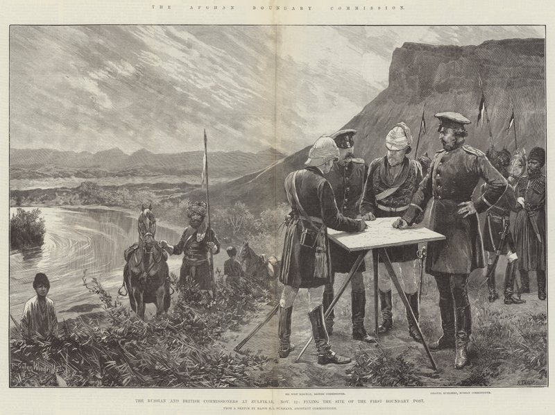 De Afghaanse Grenscommissie, de Russische en Britse commissarissen in Zulfikar, 21 november, het vaststellen van de locatie van de eerste grenspaal door Richard Caton Woodville junior