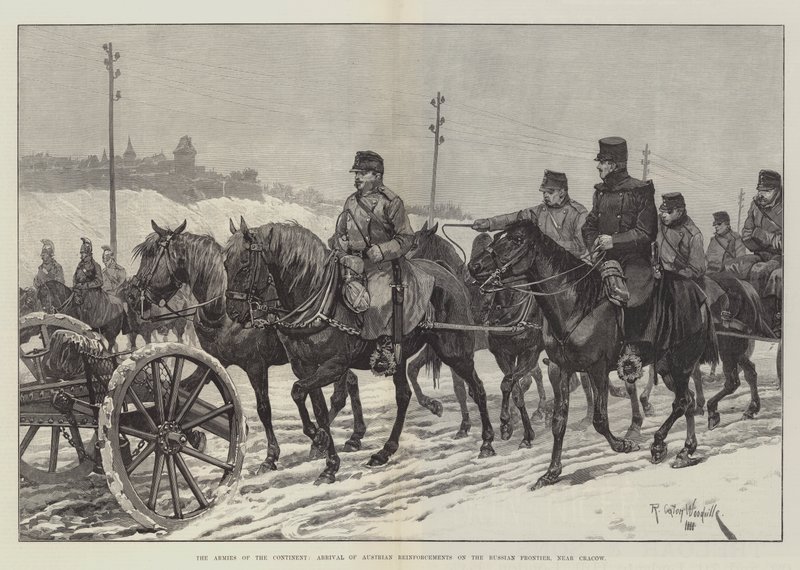 De Legers van het Continent, Aankomst van Oostenrijkse Versterkingen aan de Russische Grens, nabij Krakau door Richard Caton Woodville junior