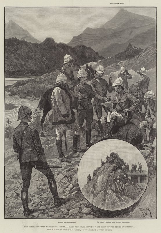De Zwarte Berg-expeditie, generaal Elles en staf krijgen het eerste zicht op de vijand bij Shringri door Richard Caton Woodville junior