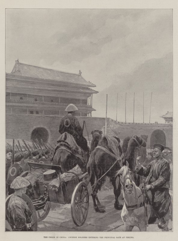 De crisis in China, Chinese soldaten betreden de hoofdpoort van Peking door Richard Caton Woodville junior