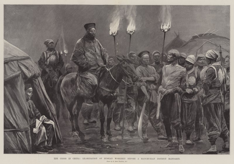 De Crisis in China, Onderzoek van Russische Arbeiders voor een Mandarijn van het District Mantsjoerije door Richard Caton Woodville junior