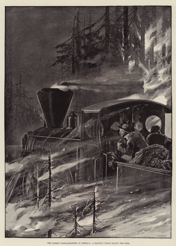 De Bosbranden in Amerika, een Trein die tegen het Vuur Racet door Richard Caton Woodville junior