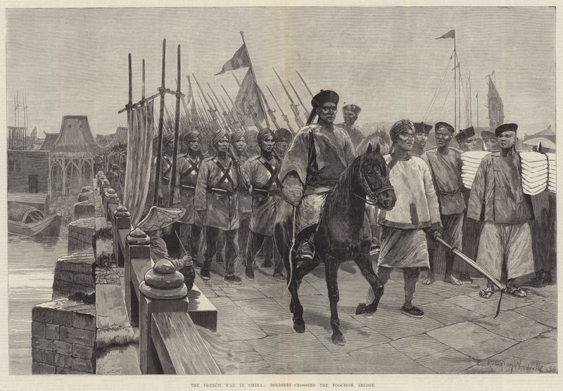 De Franse Oorlog in China, Soldaten steken de Foochow-brug over door Richard Caton Woodville junior
