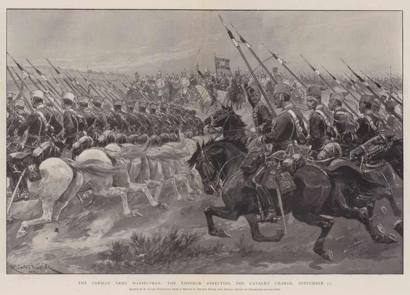 De Duitse Legermanoeuvres, de Keizer die de Cavalerieaanval leidt, 12 september door Richard Caton Woodville junior