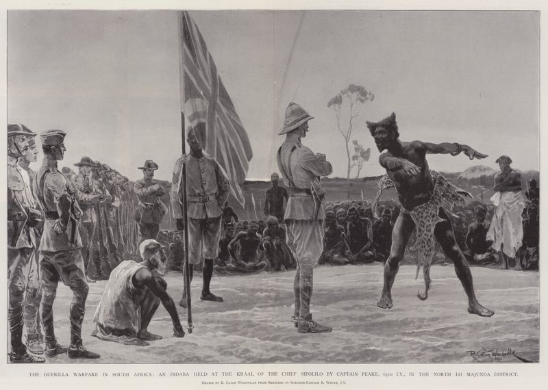 De Guerrillaoorlog in Zuid-Afrika, een Indaba gehouden bij de Kraal van de Chief Sipolilo door Kapitein Peake, 65e Imperial Yeomanry, in het Noord Lo Majunda District door Richard Caton Woodville junior