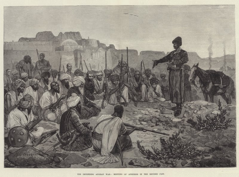 De Dreigende Afghaanse Oorlog, Bijeenkomst van Afreedis in de Khyberpas door Richard Caton Woodville junior