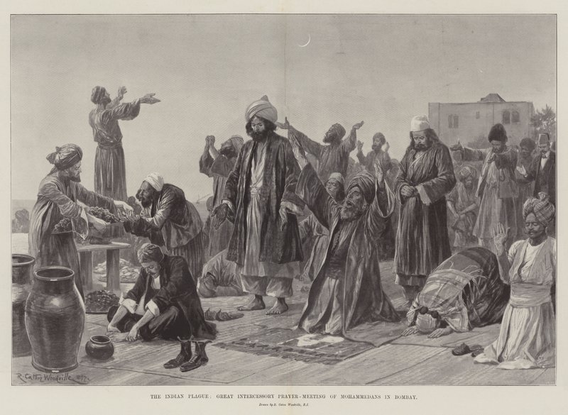 De Indiase plaag, grote voorbede gebedsbijeenkomst van Mohammedanen in Bombay door Richard Caton Woodville junior