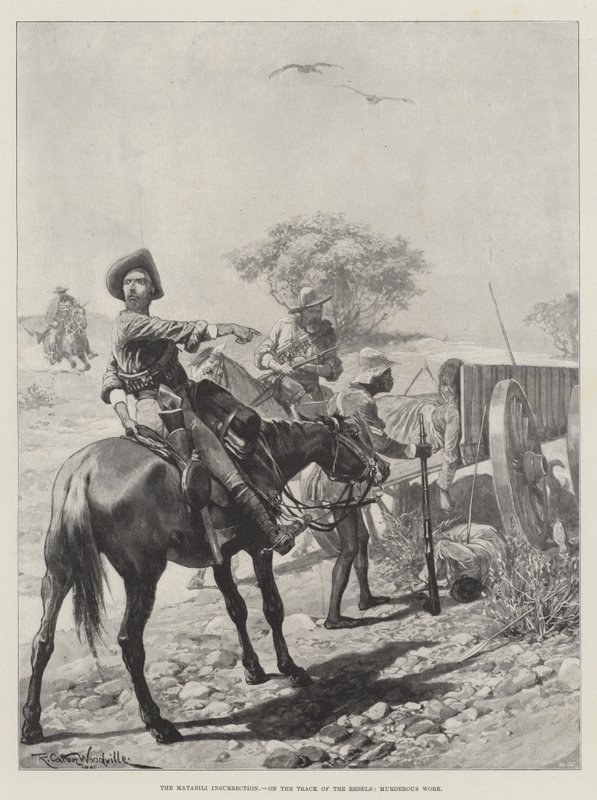 De Matabili-opstand, op het spoor van de rebellen, moorddadig werk door Richard Caton Woodville junior