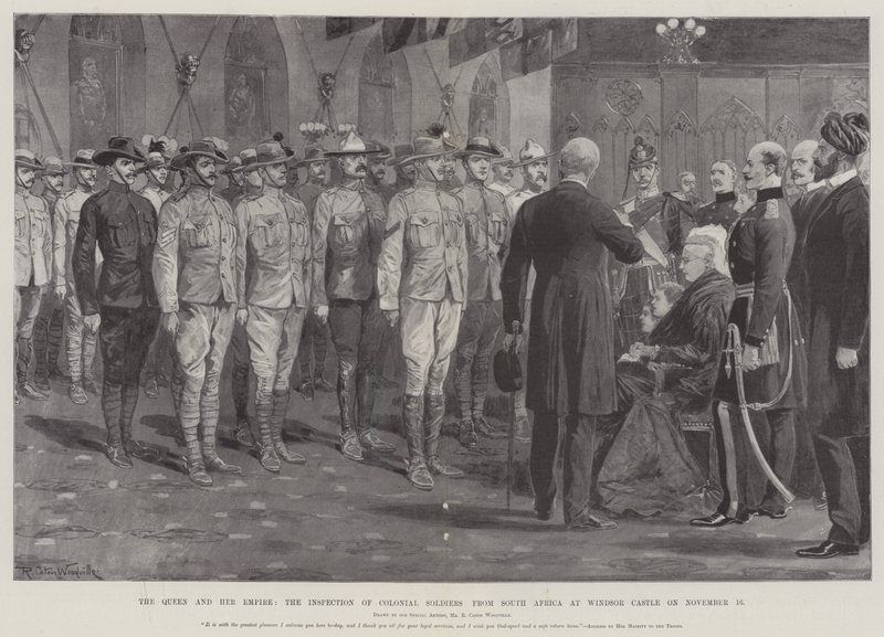 De Koningin en haar Rijk, de Inspectie van Koloniale Soldaten uit Zuid-Afrika in Windsor Castle op 16 november door Richard Caton Woodville junior