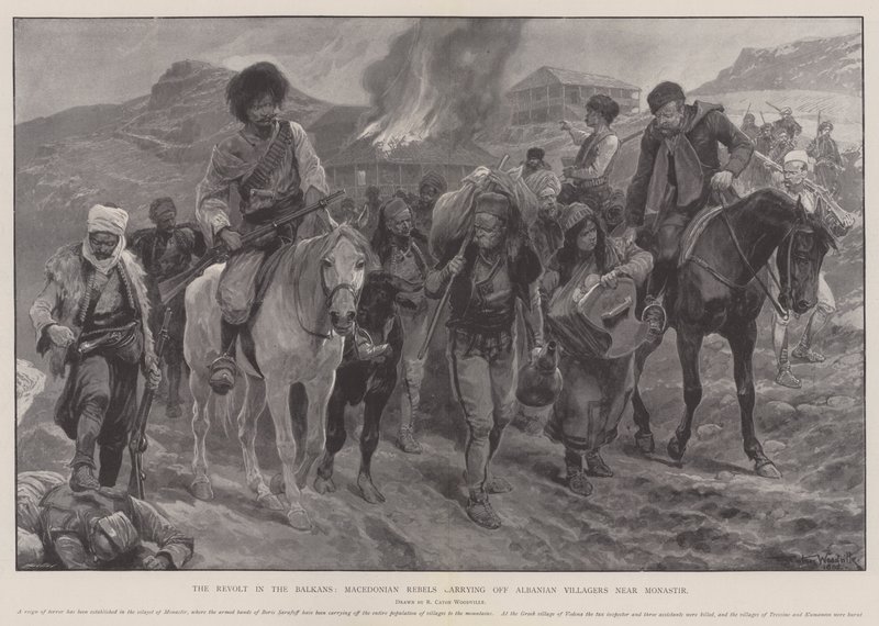 De Opstand op de Balkan, Macedonische Rebellen ontvoeren Albanese Dorpelingen nabij Monastir door Richard Caton Woodville junior