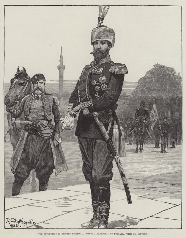 De revolutie in Oost-Roemelië, prins Alexander I van Bulgarije, met zijn dienaar door Richard Caton Woodville junior
