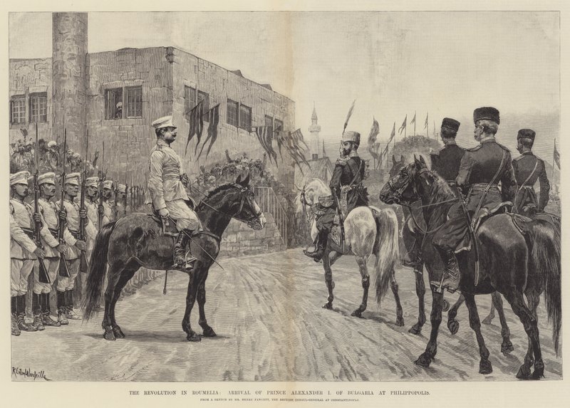 De Revolutie in Roemelië, Aankomst van Prins Alexander I van Bulgarije in Philippopolis door Richard Caton Woodville junior