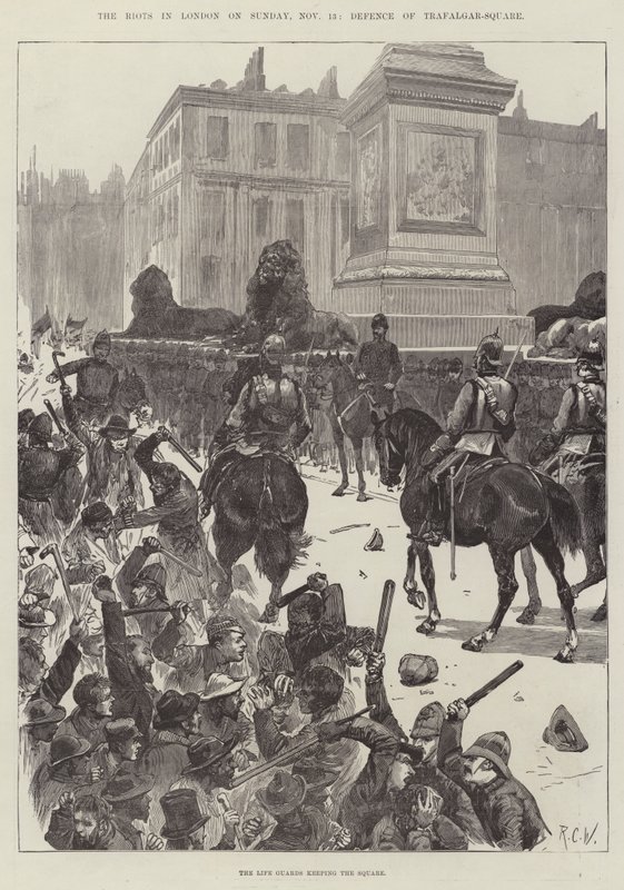 De rellen in Londen op zondag 13 november, verdediging van Trafalgar-Square door Richard Caton Woodville junior