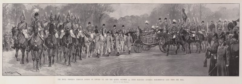 De koninklijke optocht door Londen van Edward VII en de koningin, 25 oktober, hun Majesteiten betreden Marlborough Gate vanaf de Mall door Richard Caton Woodville junior