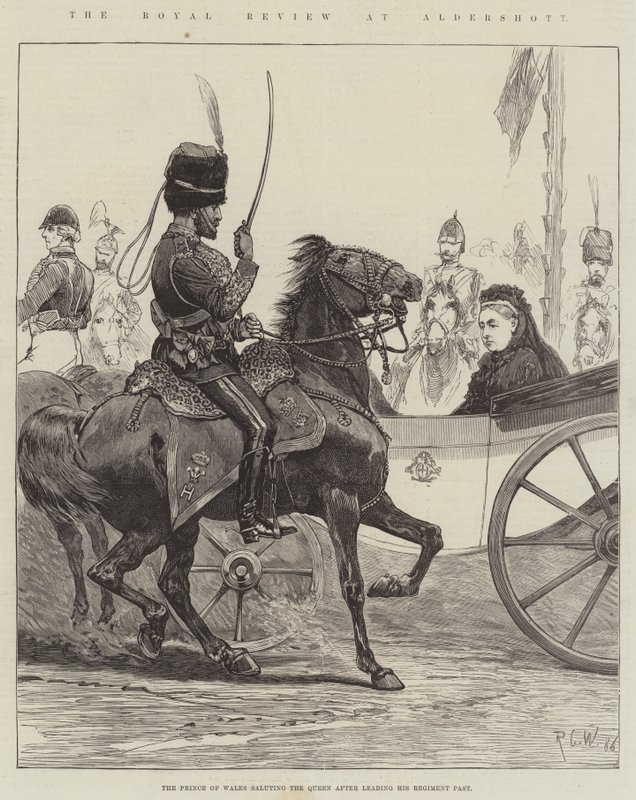 De koninklijke review in Aldershott, de Prins van Wales groet de koningin na het leiden van zijn regiment door Richard Caton Woodville junior