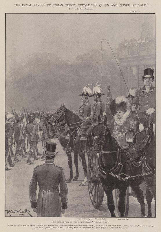 De koninklijke inspectie van Indiase troepen voor de koningin en prins van Wales door Richard Caton Woodville junior