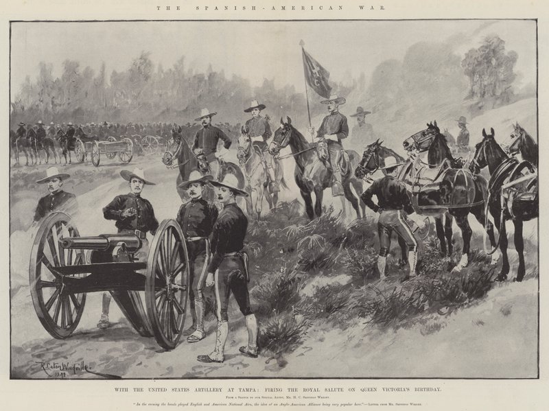 De Spaans-Amerikaanse oorlog, met de artillerie van de Verenigde Staten in Tampa, het afvuren van de koninklijke groet op de verjaardag van koningin Victoria door Richard Caton Woodville junior