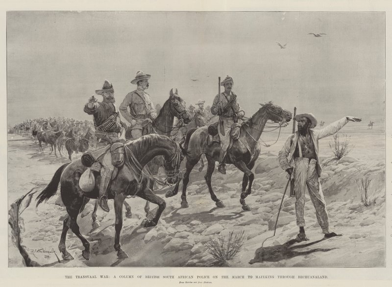 De Transvaal-oorlog, een colonne van de Britse Zuid-Afrikaanse politie op mars naar Mafeking door Bechuanaland door Richard Caton Woodville junior