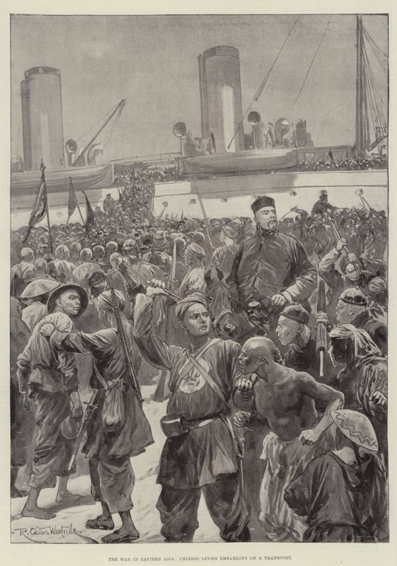 De oorlog in Oost-Azië, Chinese troepen gaan aan boord van een transport door Richard Caton Woodville junior